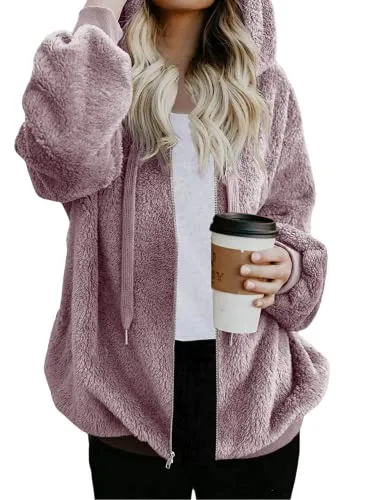 Womens Full Zip Up Sherpa Hoodie Fuzzy Fleece Jacket Oversized Fluffy Coat with Pockets
