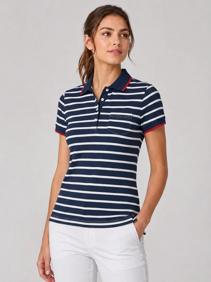 Women's Equestrian Lover Navy Striped Printed and Striped with Contrast Trim Polo Shirt