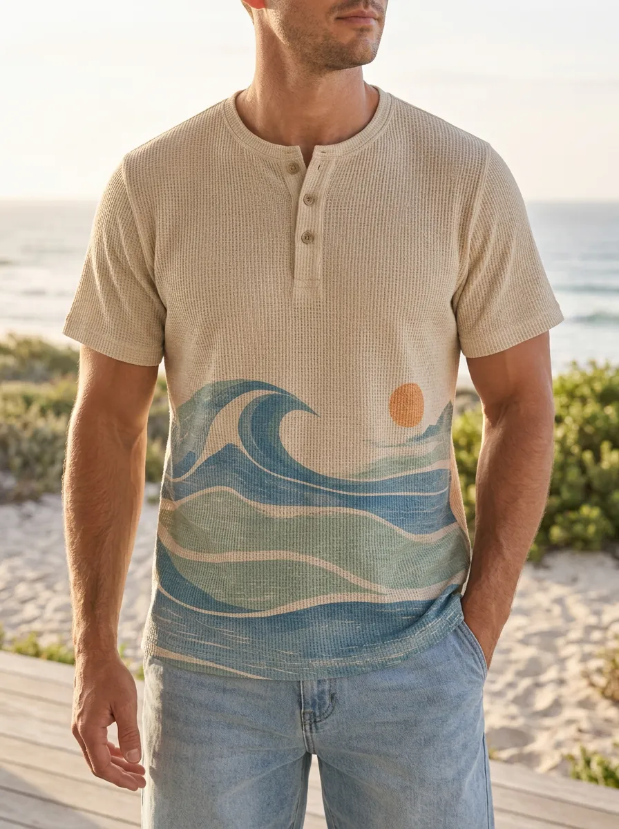 Men's Modern Beach Lover Ocean Wave Sun Henley T-Shirt