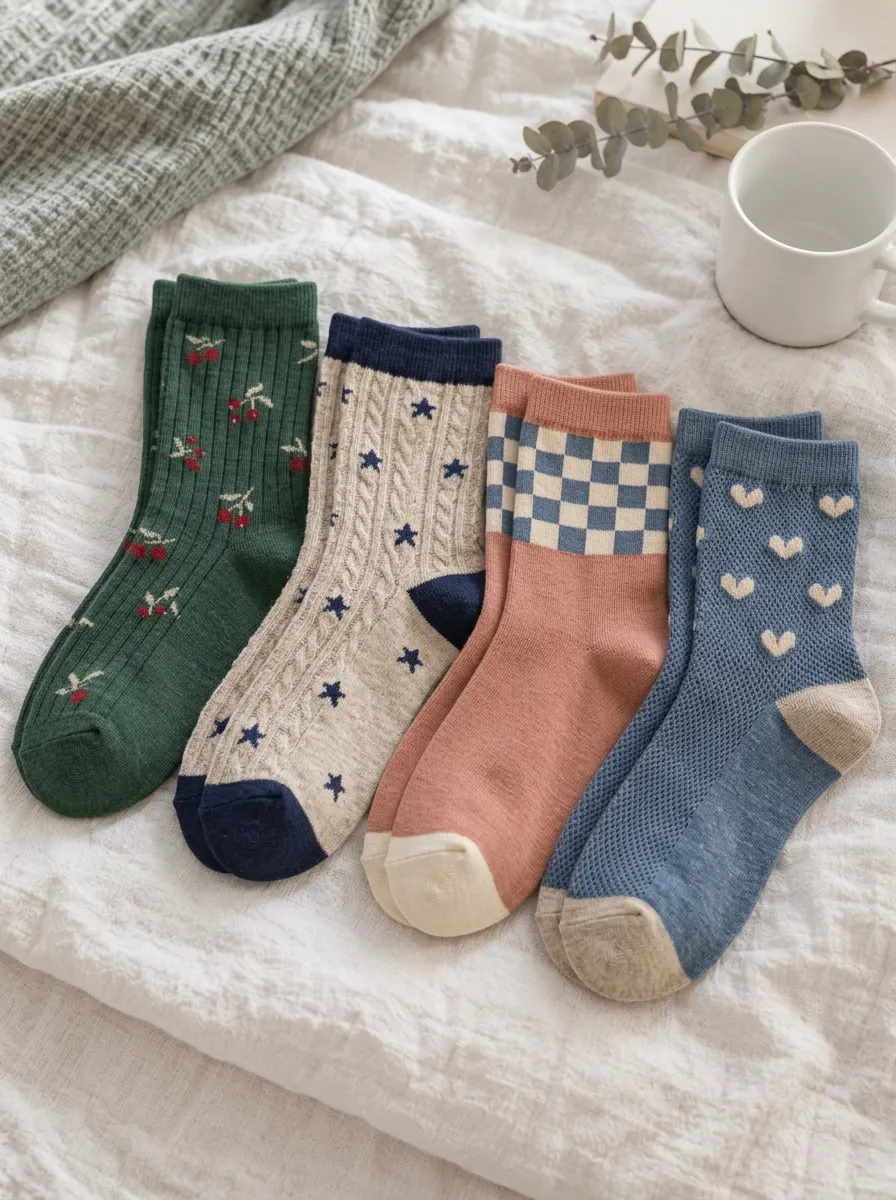 Women's Cherry Star Checkerboard Heart Printed Socks 4-Pack