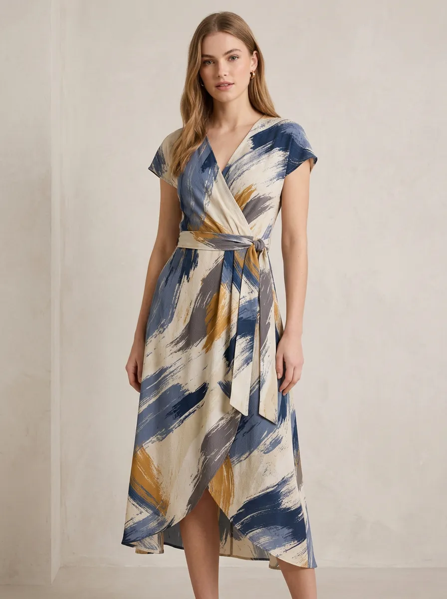 Women's Abstract Brushstroke Pattern Cap-Sleeve Wrap Dress