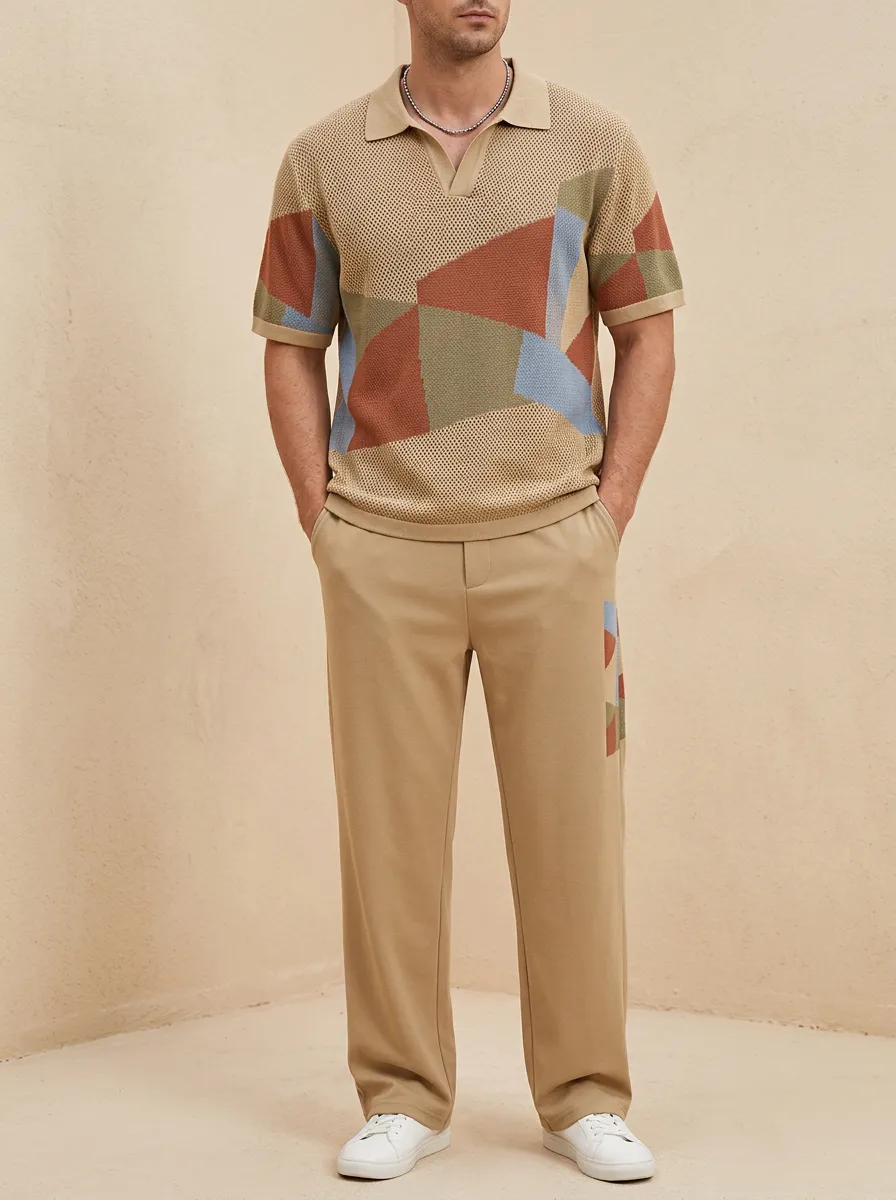 Men's Geometric Colorblock Pattern Knitted Polo and Pants Casual Set