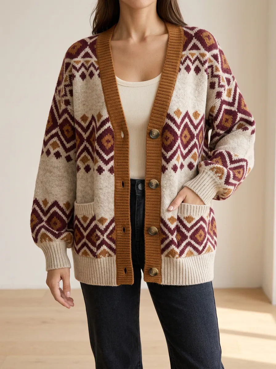 Women's Knitted Cardigan with V Neck Button Front Detail