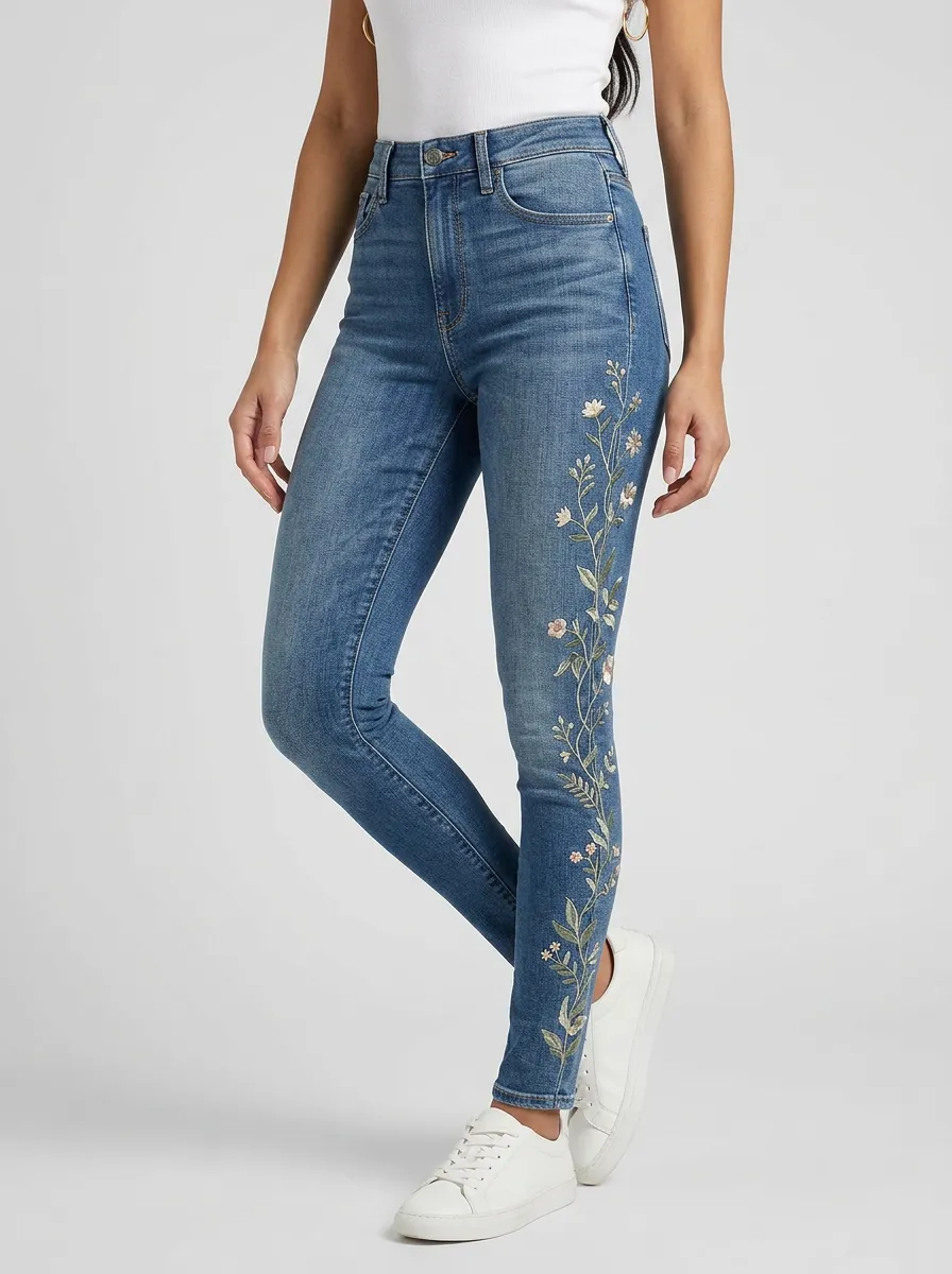 Women's Floral Botanical Vine Embroidered Graphic Slim Jeans