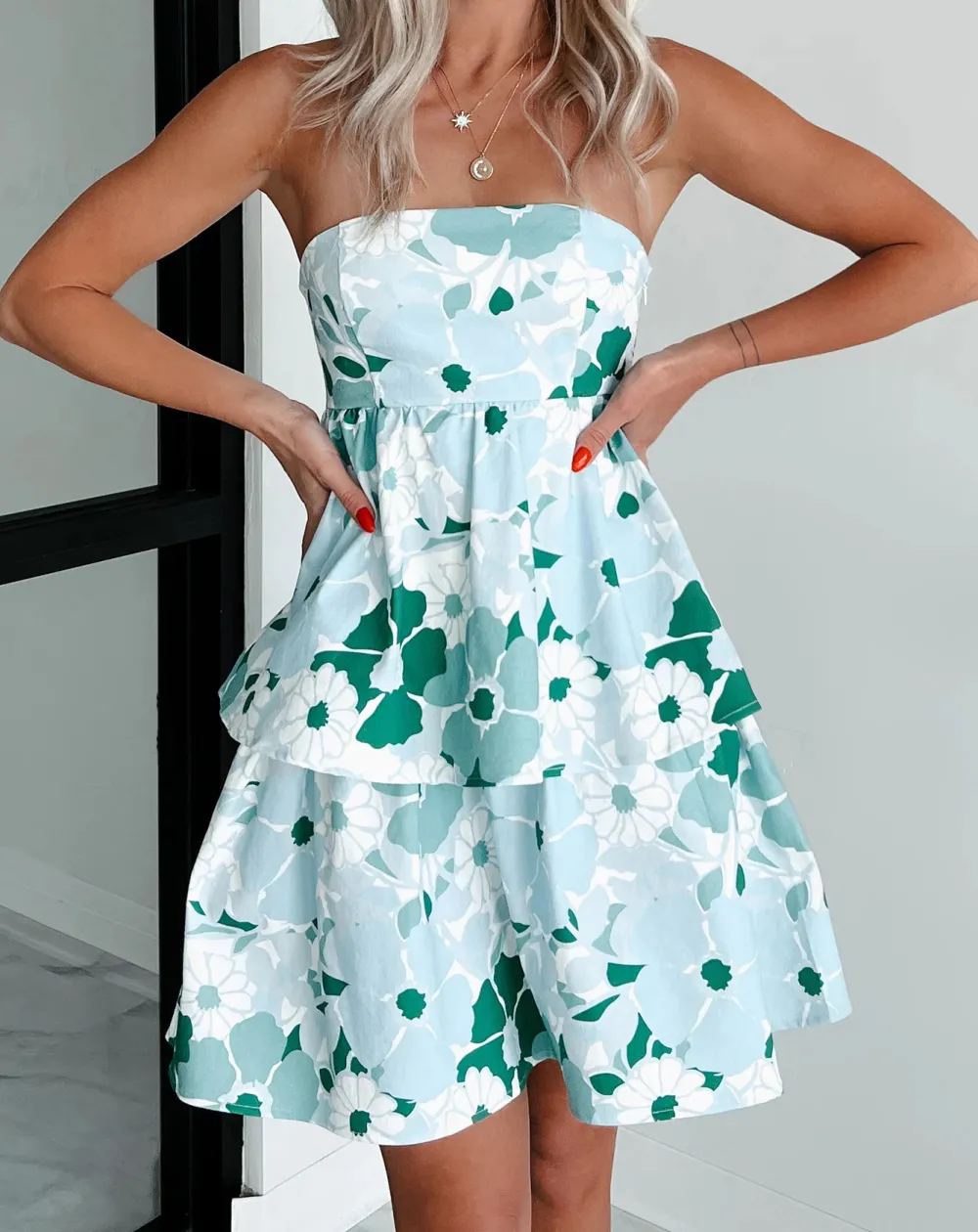 Tiered Floral Denim Dress