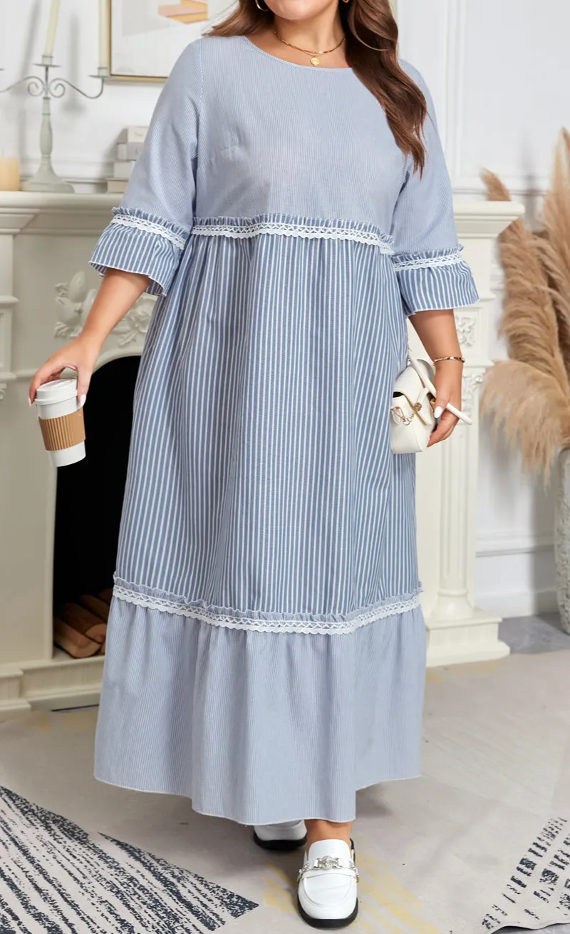 Crisscross Lace Detail Mixed Striped Patchwork Plus Fit Shift Long Dress