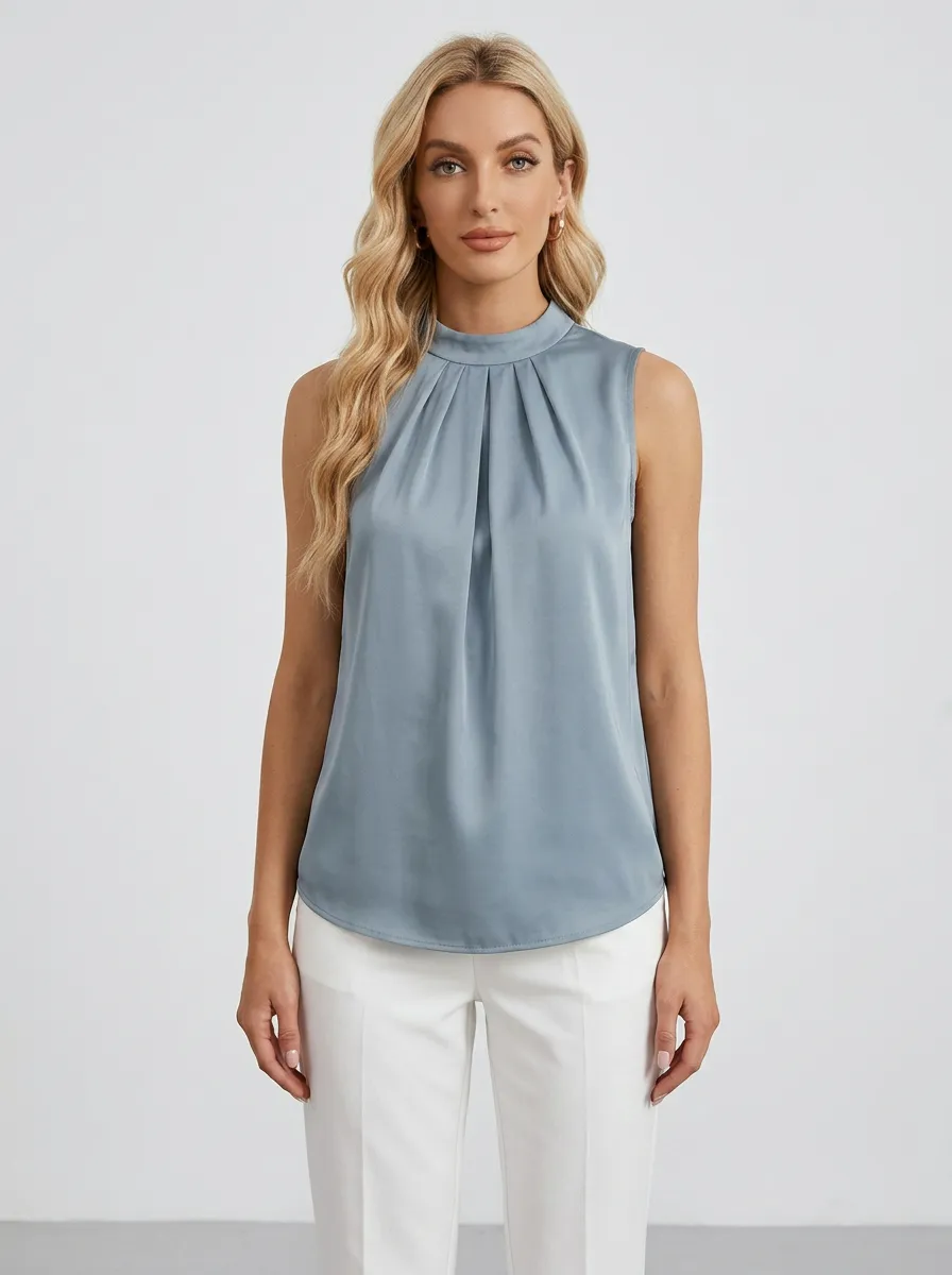 Mock Neck Pleated Sleeveless Satin Blouse