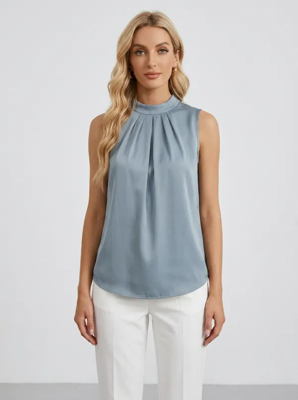 Mock Neck Pleated Sleeveless Satin Blouse