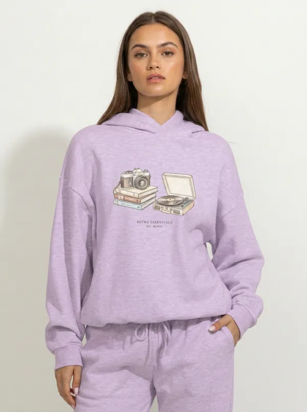 Women's Retro Essentials Camera Vinyl Record Graphic Hoodie