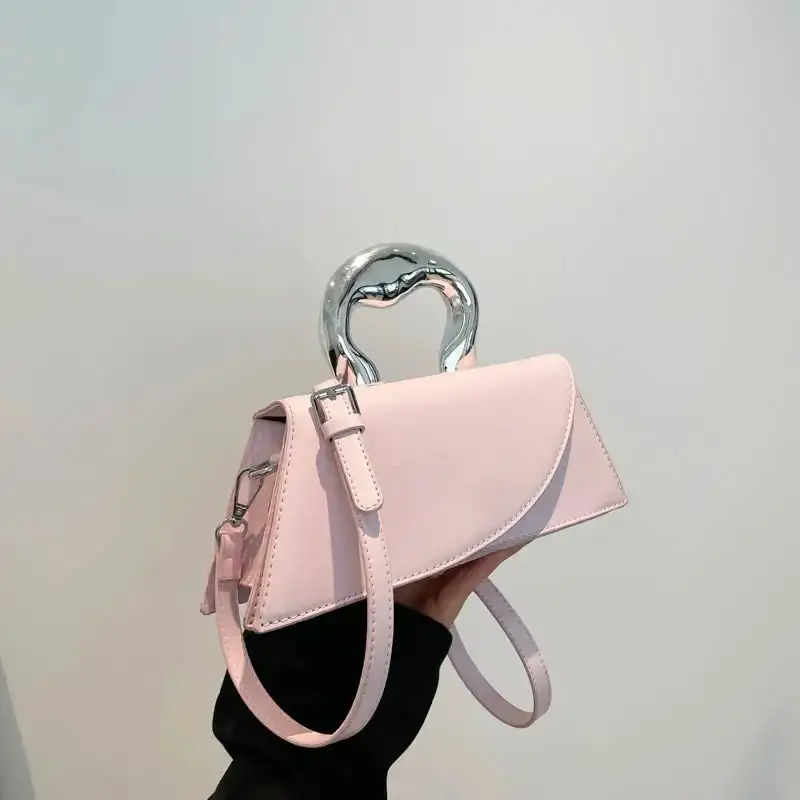 Chic Asymmetric Beige Shoulder Bag With Silver Handle