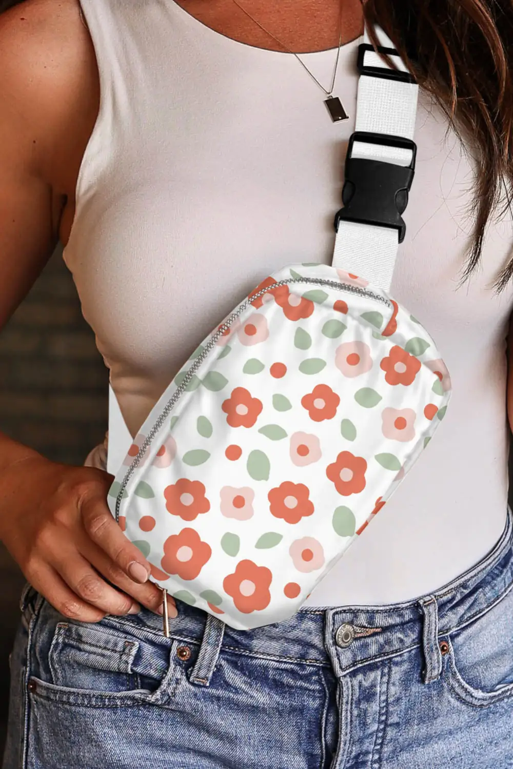 Floral Print Buckle Wide Belt Zipper Crossbody Bag