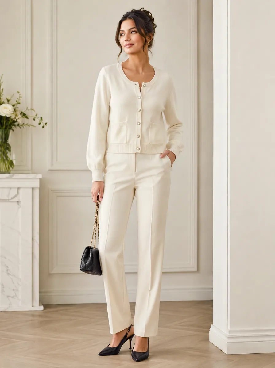 Women's Elegant Cream Pearl Button Knit Cardigan
