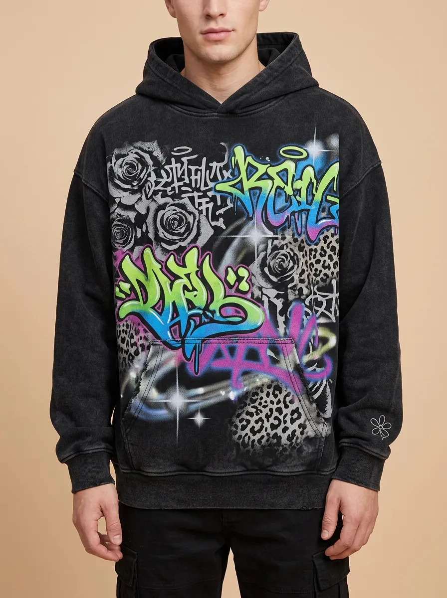 Unisex Streetwear Graffiti Rose Leopard Layered Print Hoodie