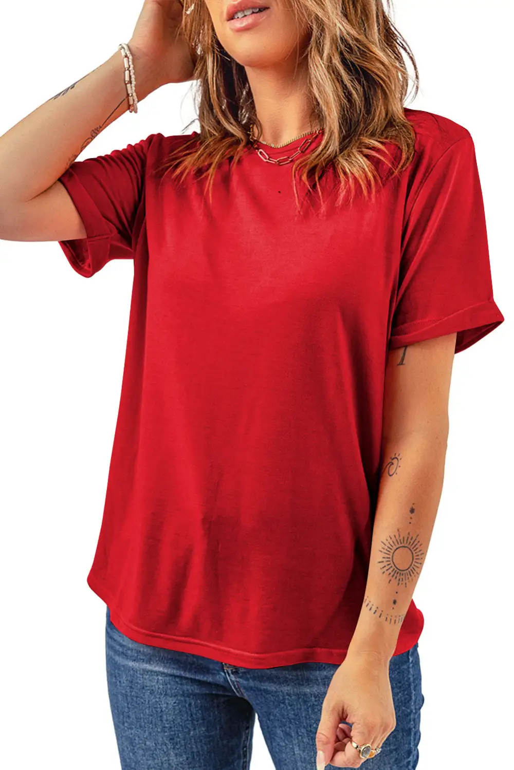 Red Casual Plain Crew Neck