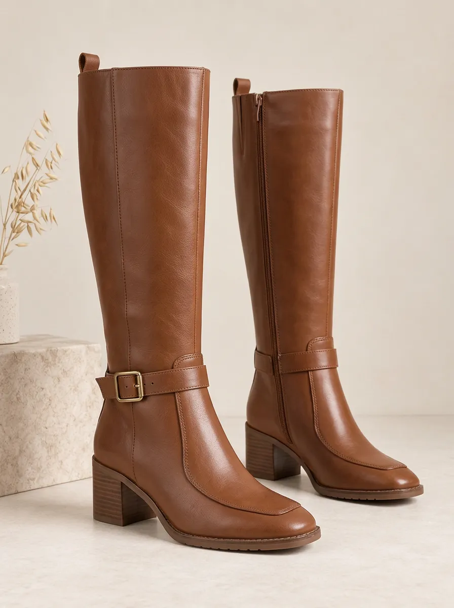 Women's Buckle Strap Faux Leather Outdoor Knee High Boots