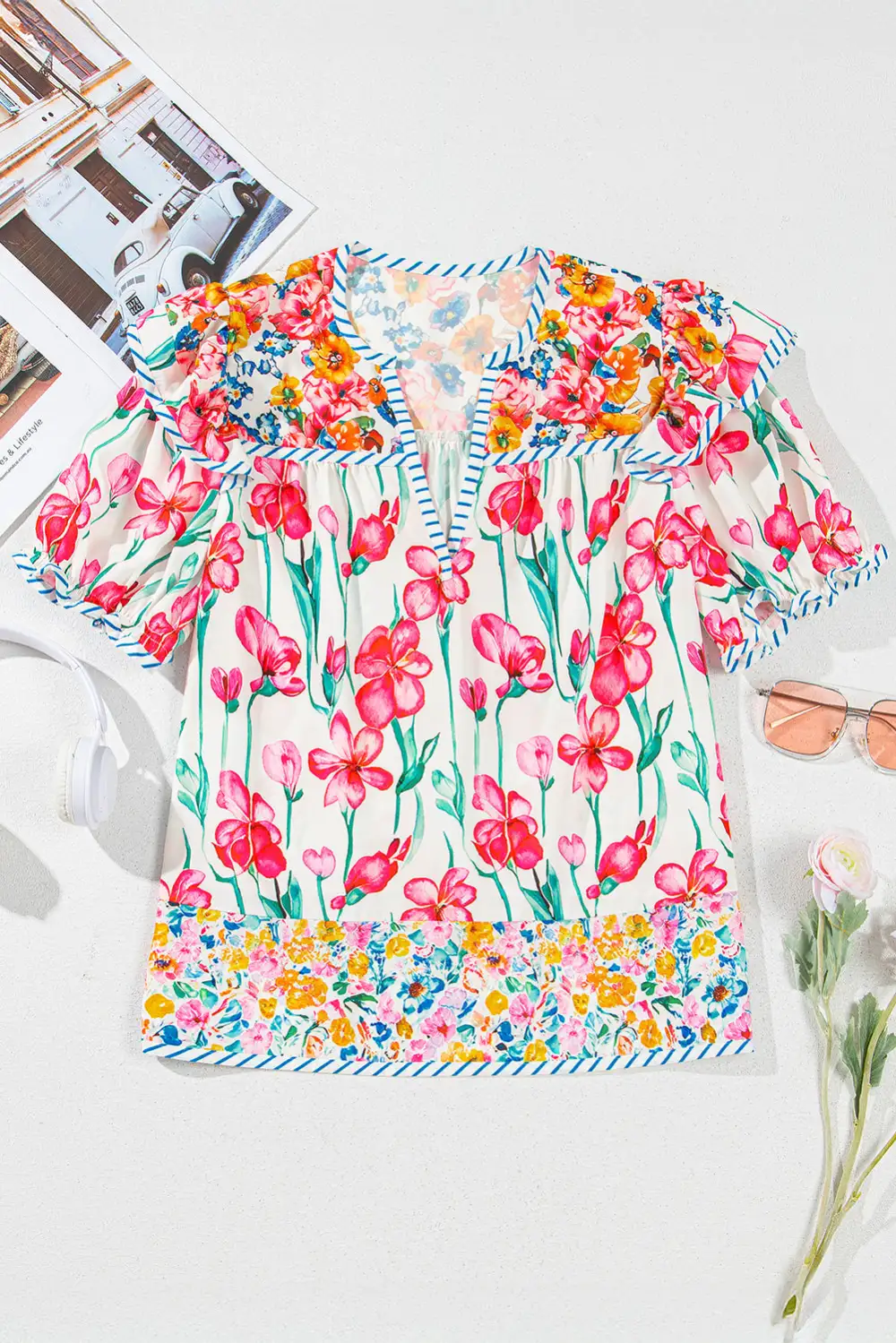 Softly Styled Striped Floral Short Sleeve Blouse