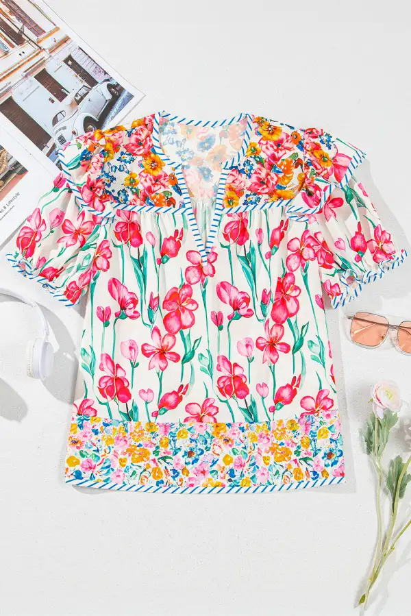 Softly Styled Striped Floral Short Sleeve Blouse