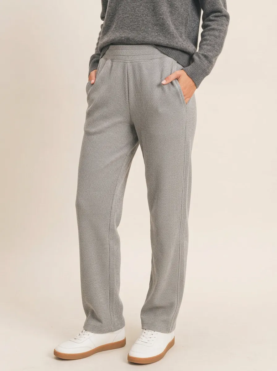 Women's Casual Waffle Knit Grey Elastic Waist Lounge Pants
