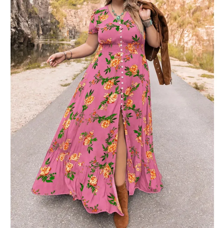 Plus Size Floral V Neck Short Sleeve Maxi Dress