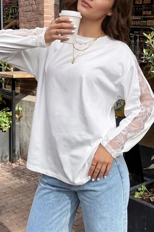 Patchwork Round Neck Relaxed Viscose Blend Long Sleeve Top