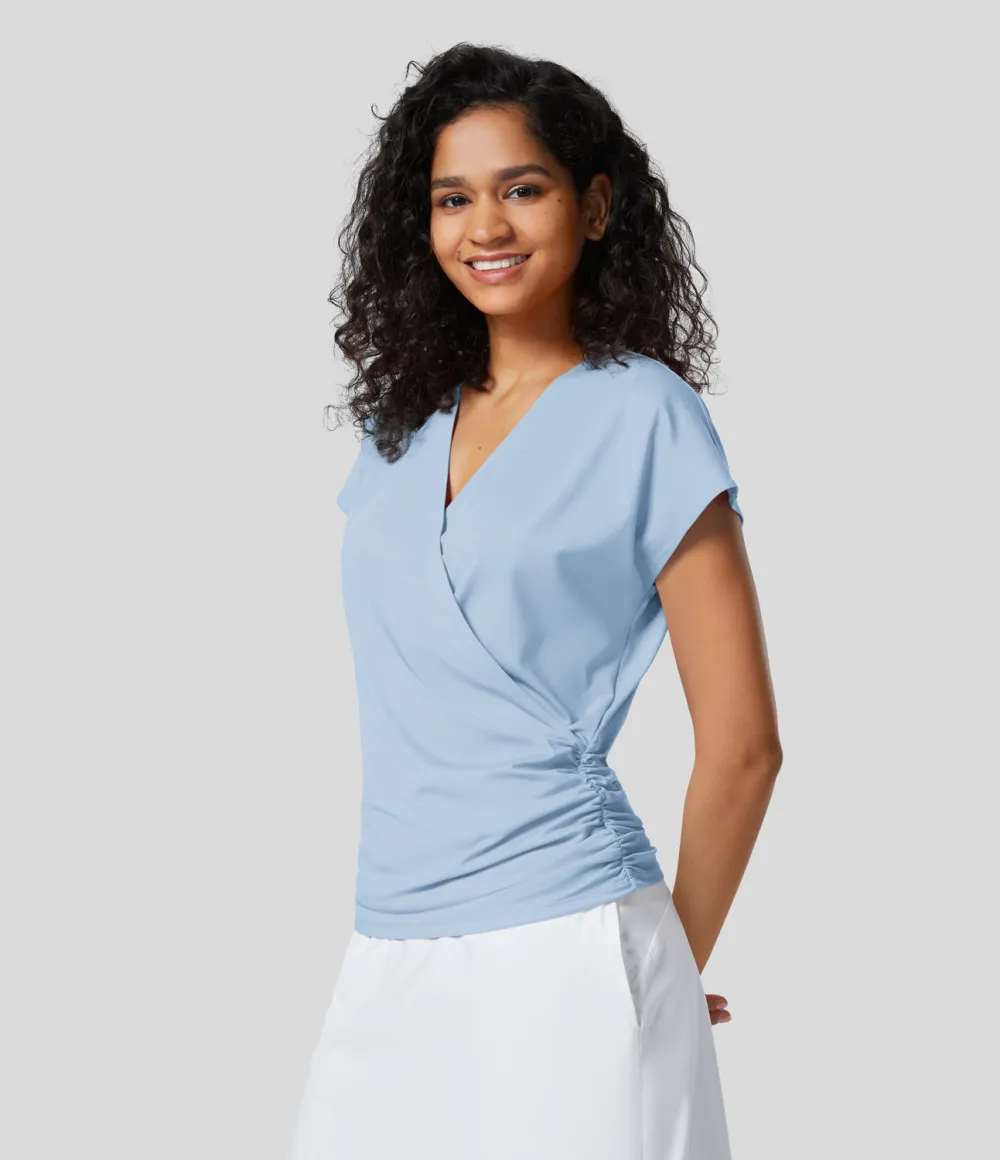 V Neck Cap Sleeve Crossover Ruched Solid Work Blouse
