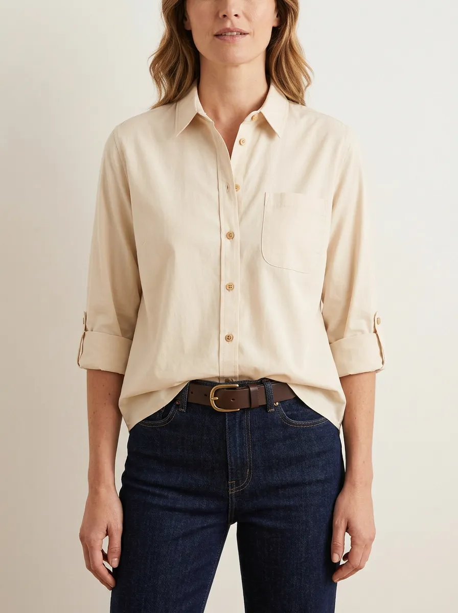 Women's Casual Minimalist Beige Button-Down Roll-Tab Sleeve Shirt