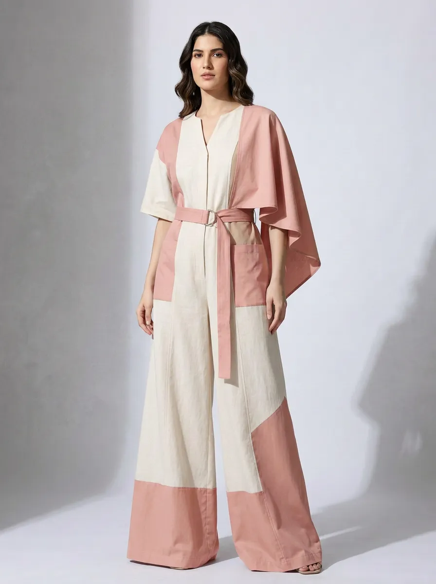 Women's Minimalist Earth Tone Colorblock Belted Jumpsuit