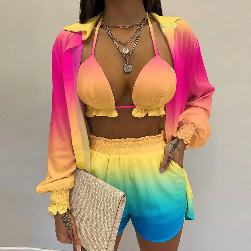 Long Sleeve Shirt Triangle Shorts Swim Bottoms