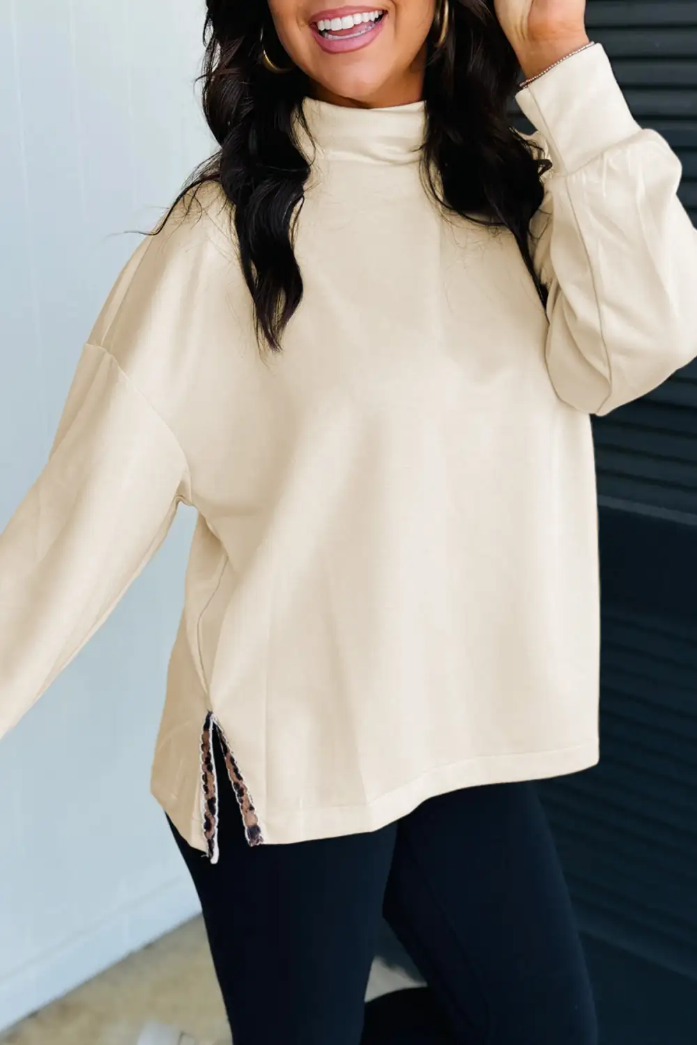 Leopard Print Split Hem Relaxed Viscose Blend Long Sleeve Top