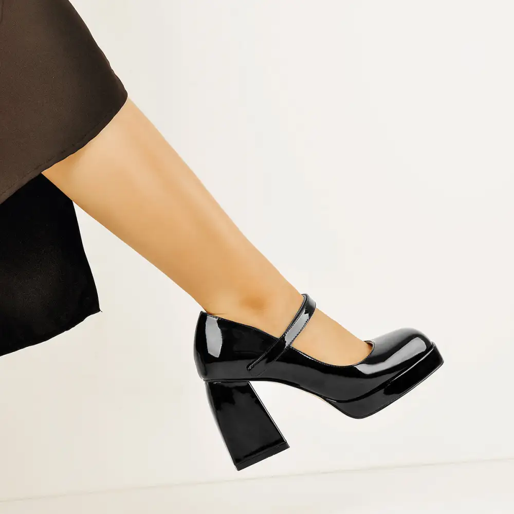Square Toe Low Platform Chunky Heel Pumps