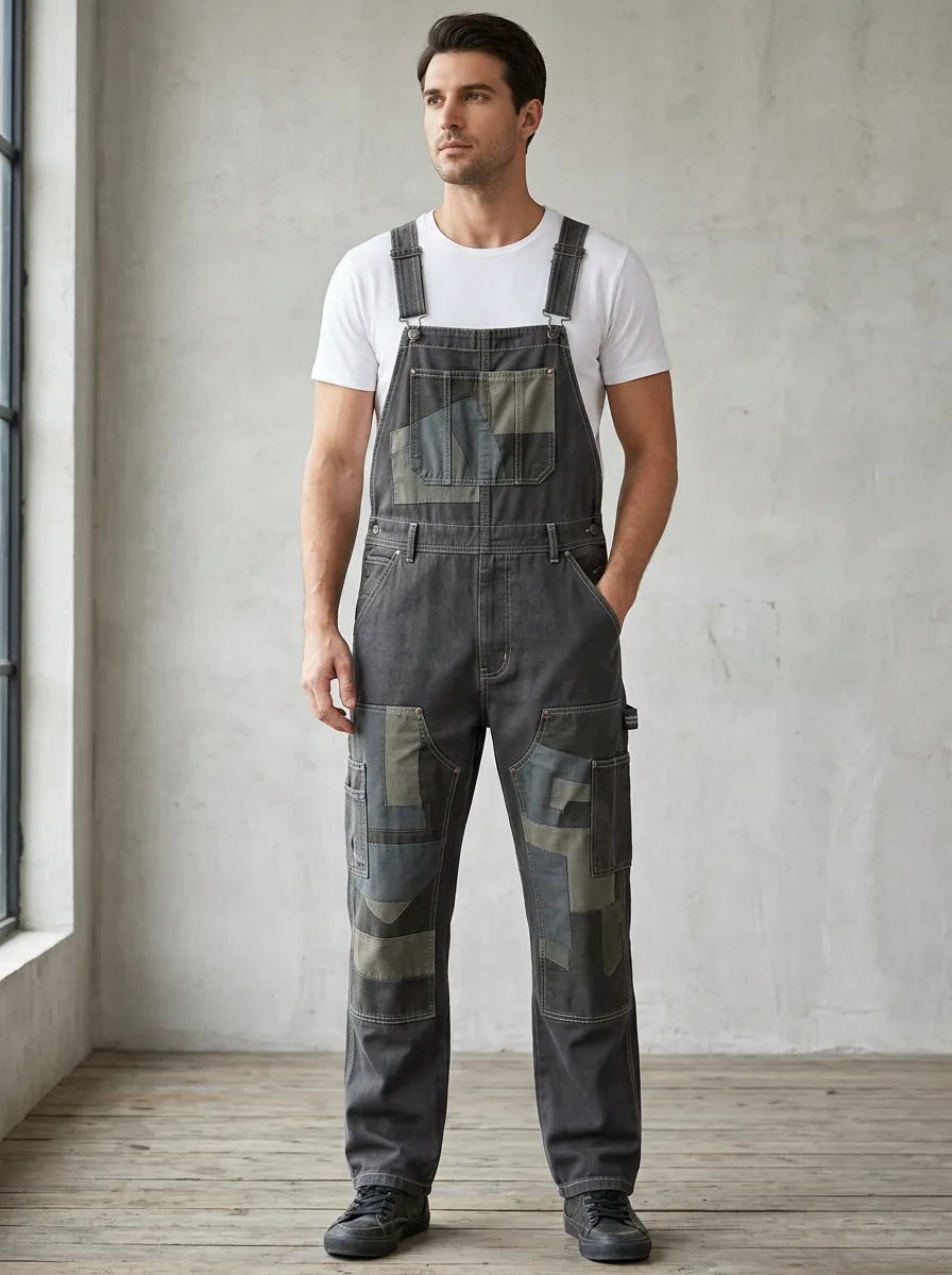Patchwork Utility Contrast Stitch Overalls