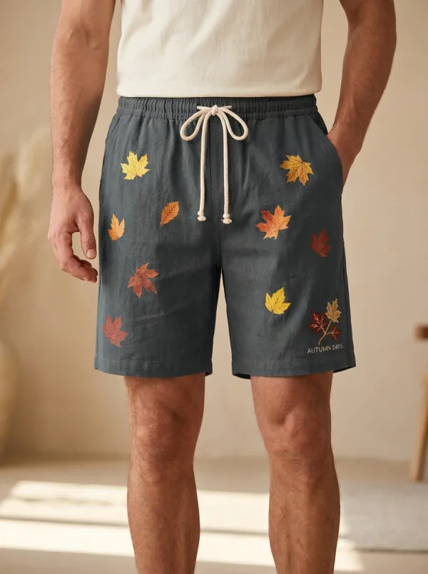 Tan Leaf-print Drawstring Drawstring Shorts