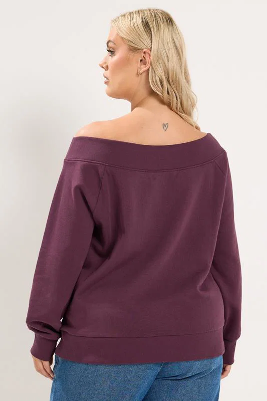 Burgundy Red Ribbed Off Shoulder Sweatshirt detail 2