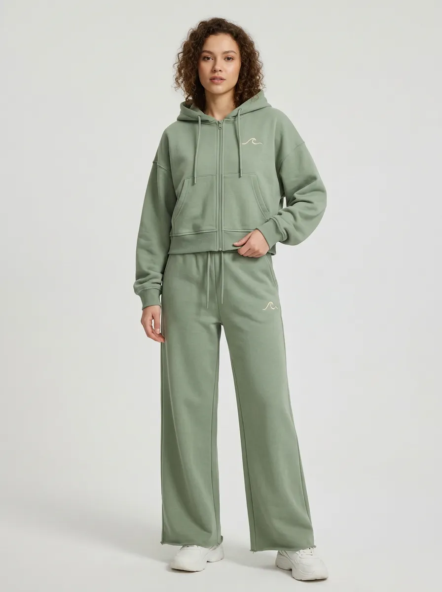Women's Sage Green Ocean Wave Embroidered Zip-Up Hoodie Jacket & Wide-Leg Pants Set