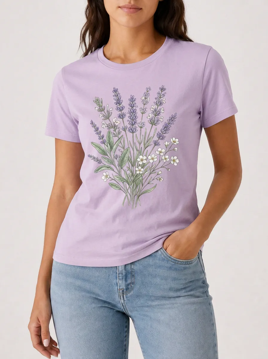 Women's Lavender Floral Botanical Printed T-shirt