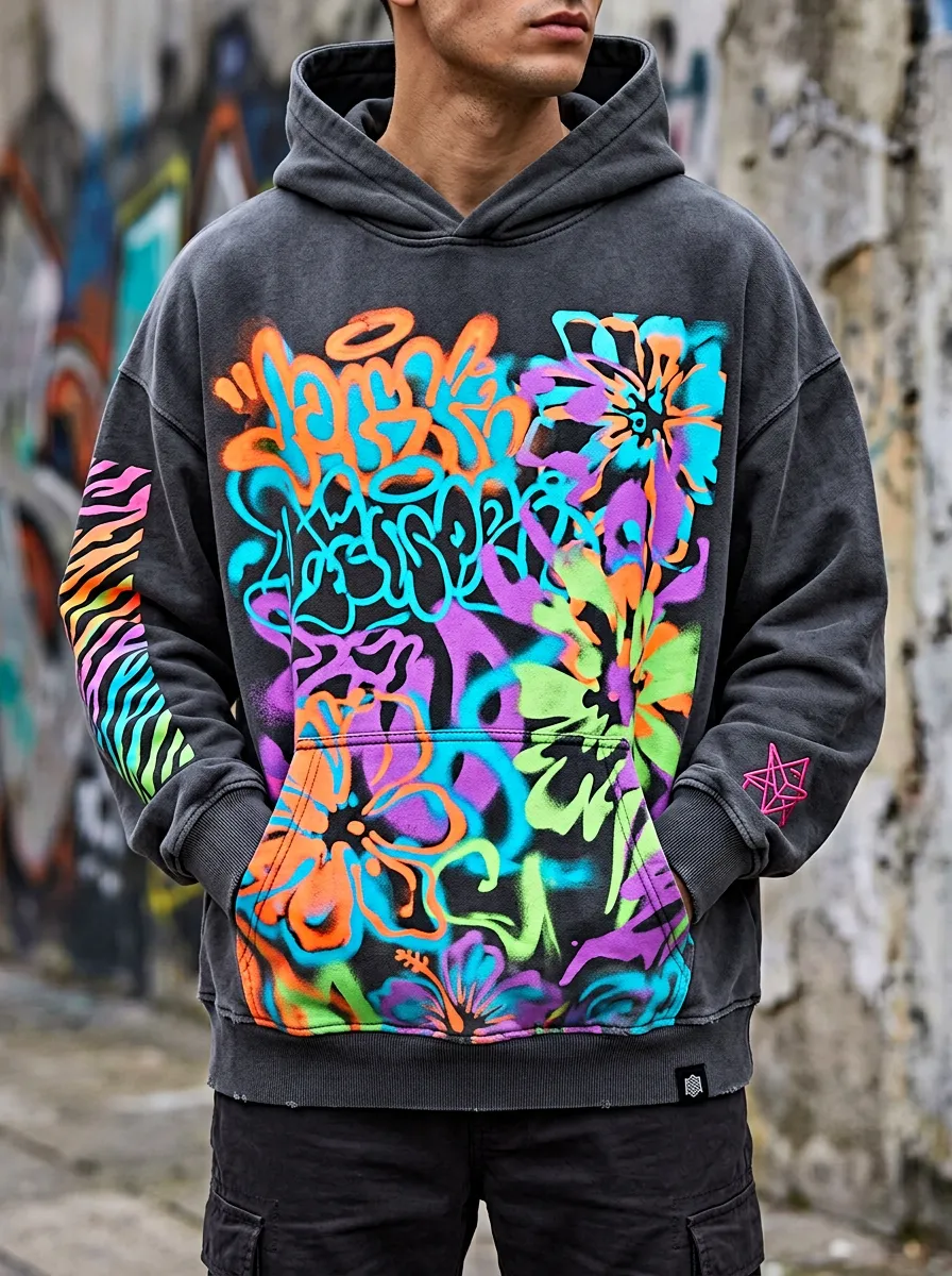 Unisex Streetwear Graffiti Floral Neon Graphic Fusion Hoodie