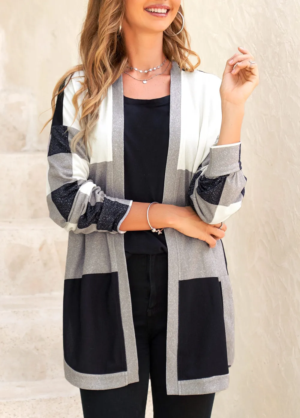 Black Split Plaid Long Sleeve Coat