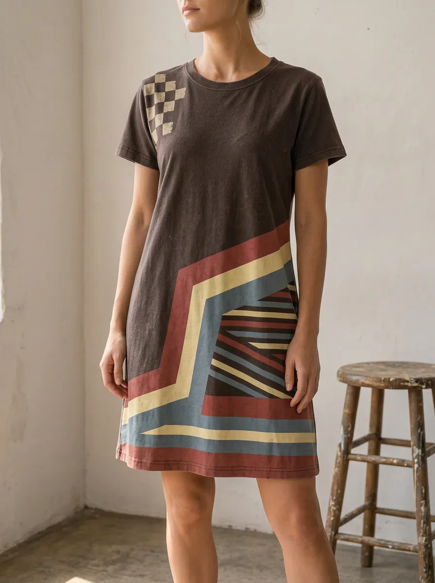 Women's Retro Geometric Checkerboard Striped Printed Dress