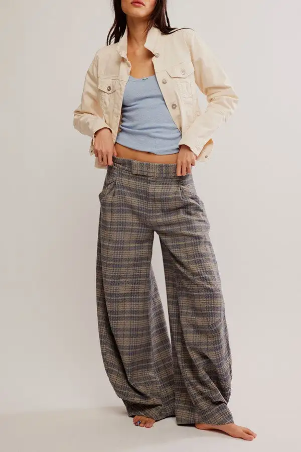 Women's Plaid Print Wide Leg Trousers