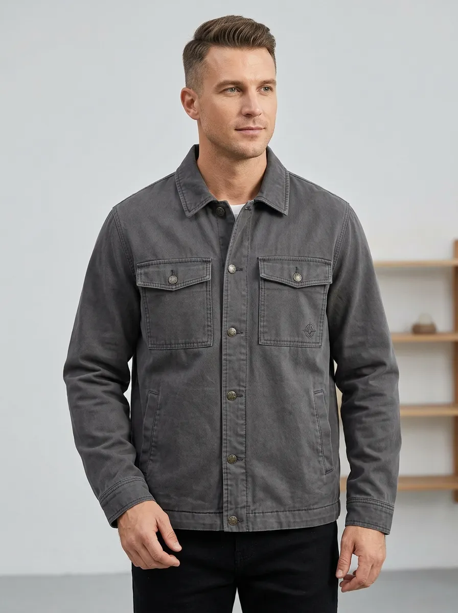 Men's Casual Minimalist Logo Embroidered Button-Up Jacket