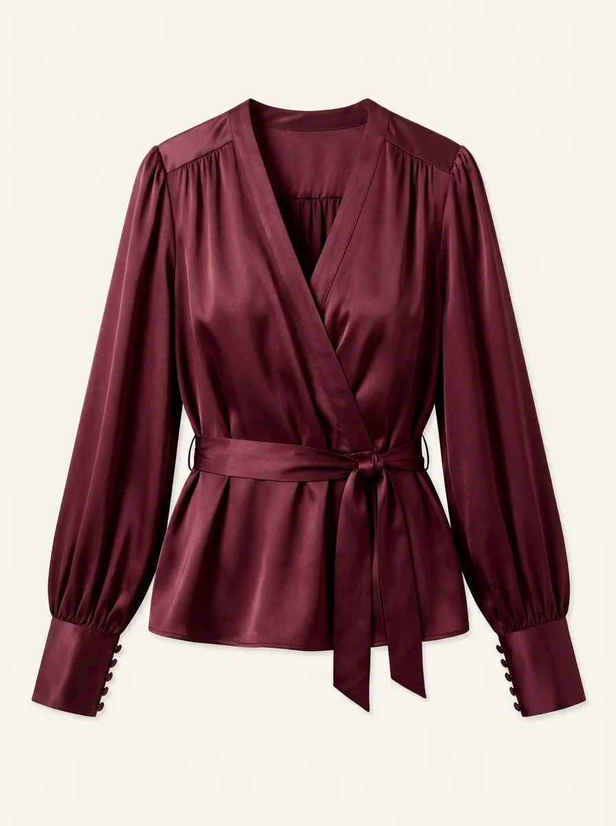 Women's Burgundy Satin V-Neck Wrap Tie-Waist Long Sleeve Blouse
