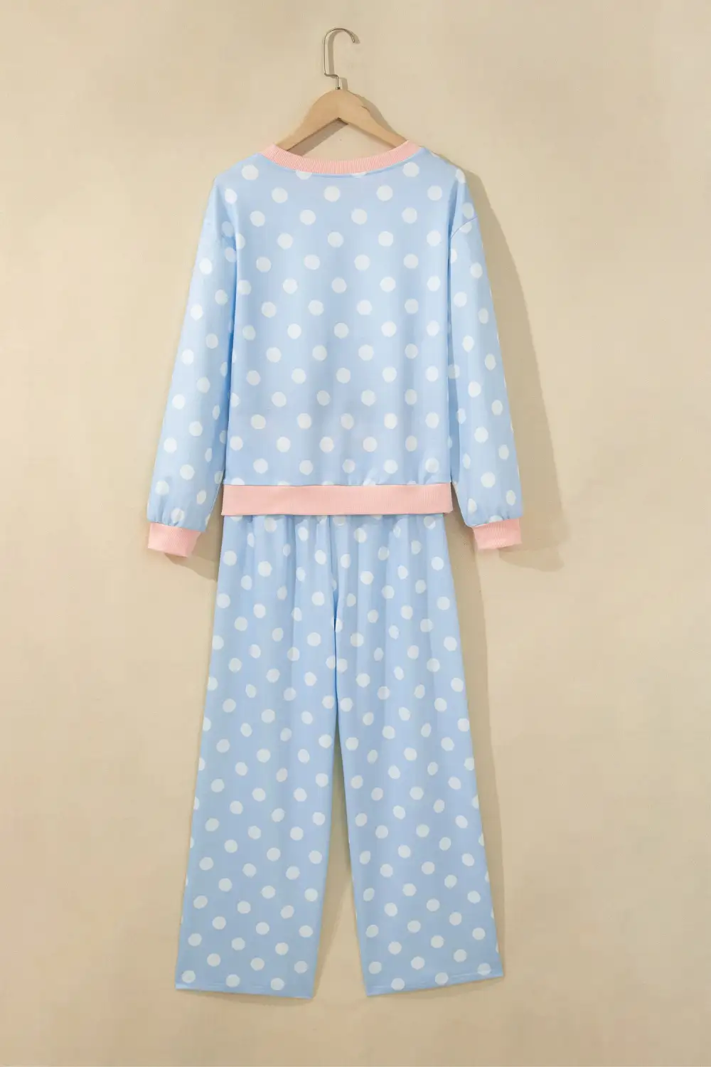 Women's Polka Dot Contrast Trim Long Sleeve Top Drawstring Shift Pants Set