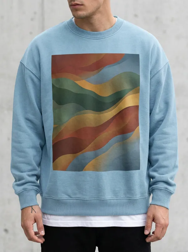 Men's Abstract Landscape Wave Printed Crewneck Sweatshirt