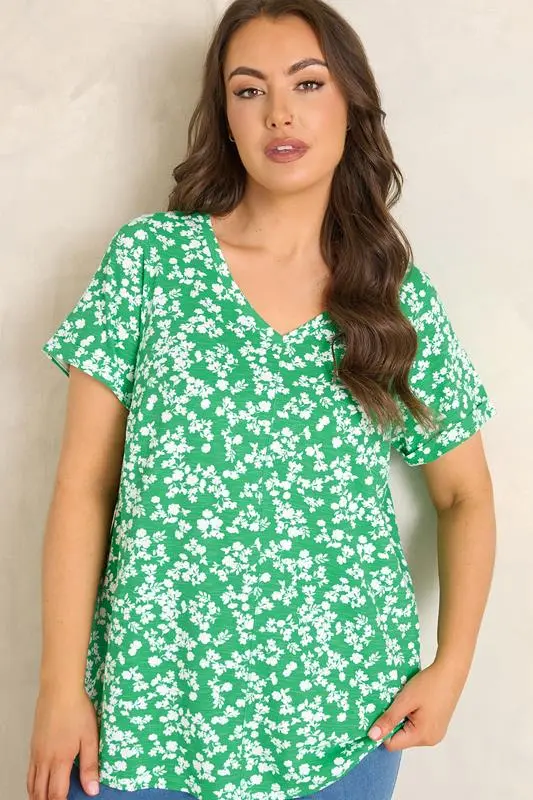 Green Floral Pleat Front Top