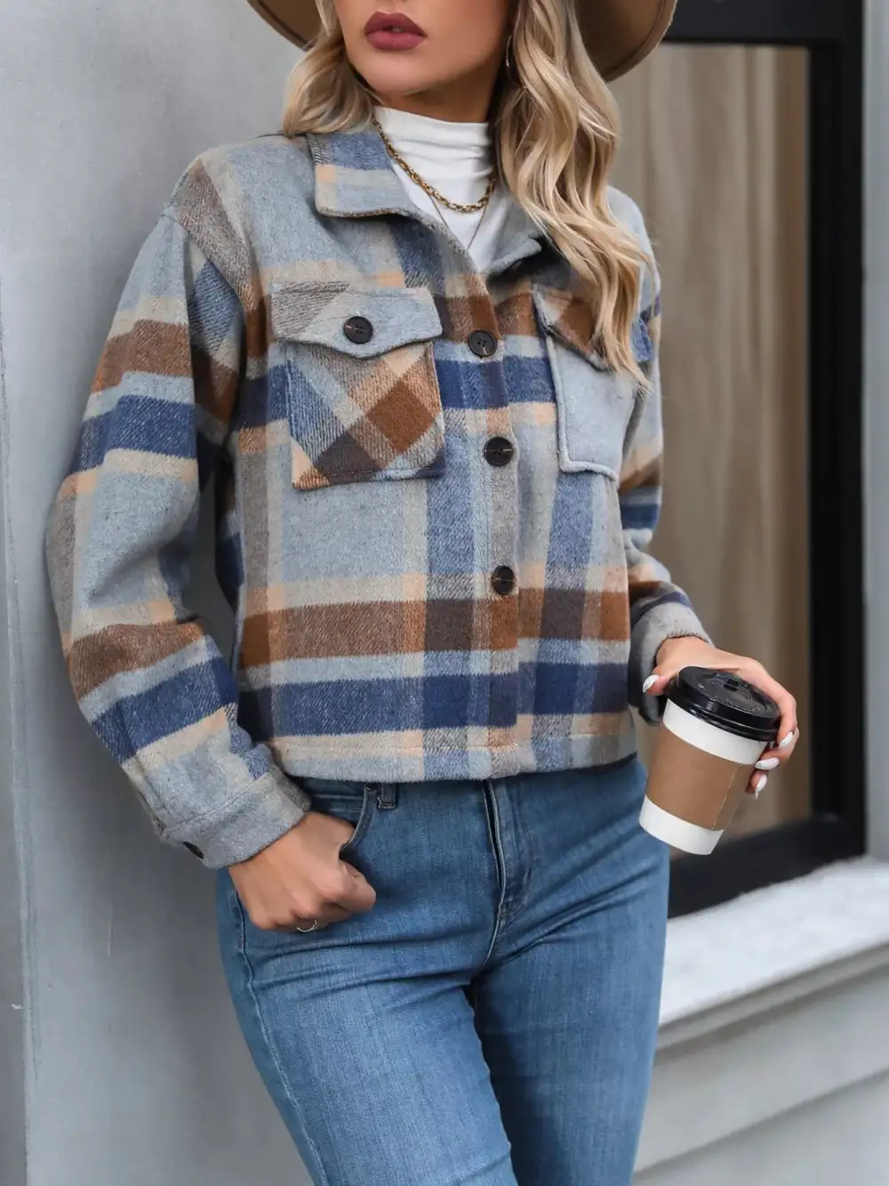 Plaid Oversized Button-up Cropped Jacket