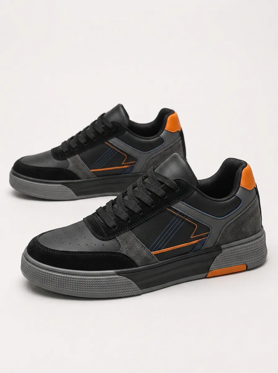 Men's Casual Sporty Black Orange Colorblock Suede Leather Sneakers