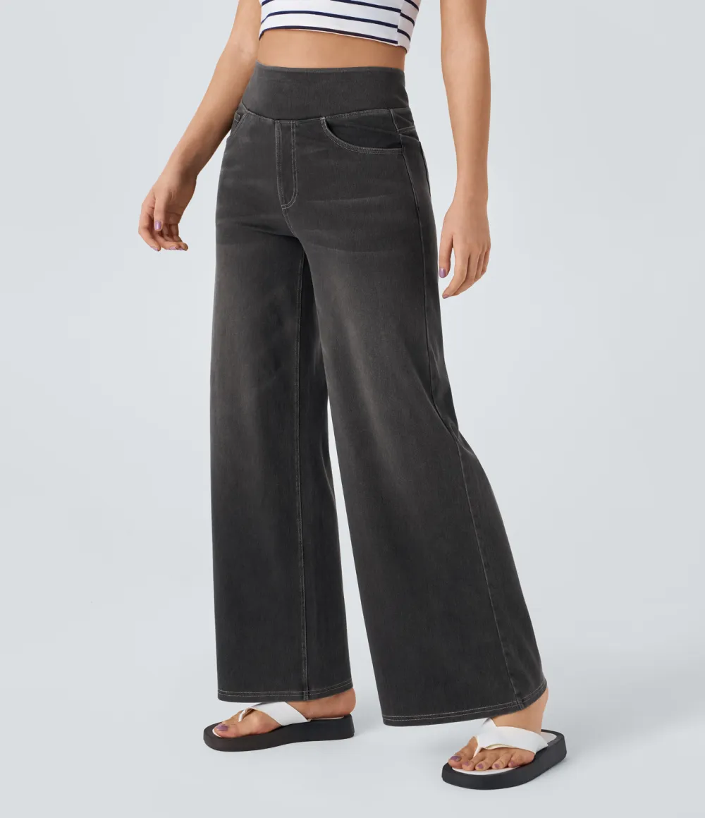Magic High Waisted Multiple Pockets Wide Leg Washed Stretchy Knit Casual Jeans