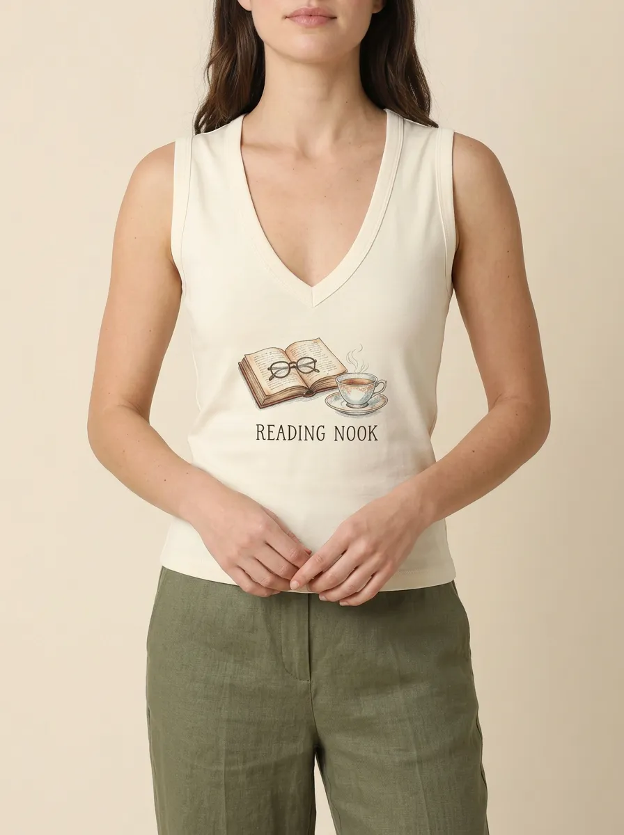 Women's Book Lover Reading Nook Coffee Glasses Printed Tank Top