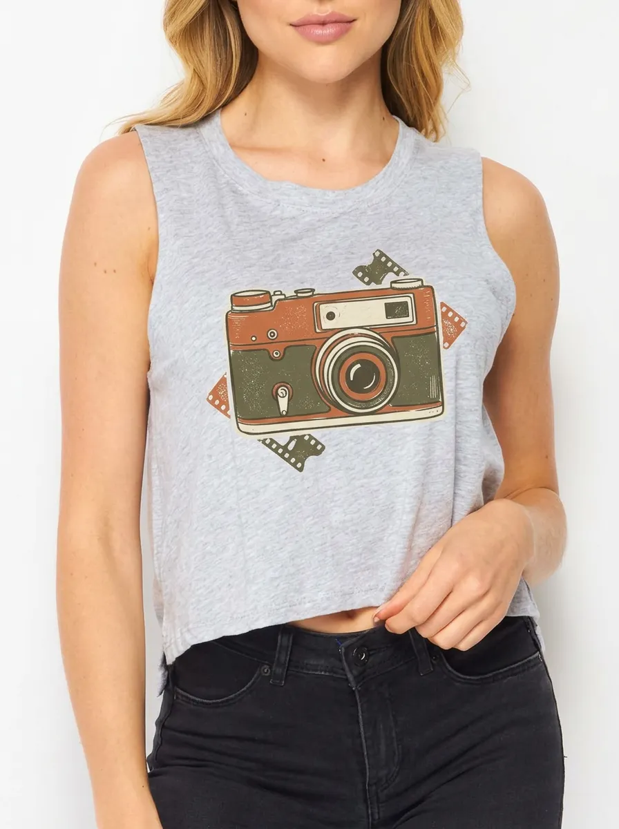 Women's Photography Lover Vintage Camera Film Printed Tank Top
