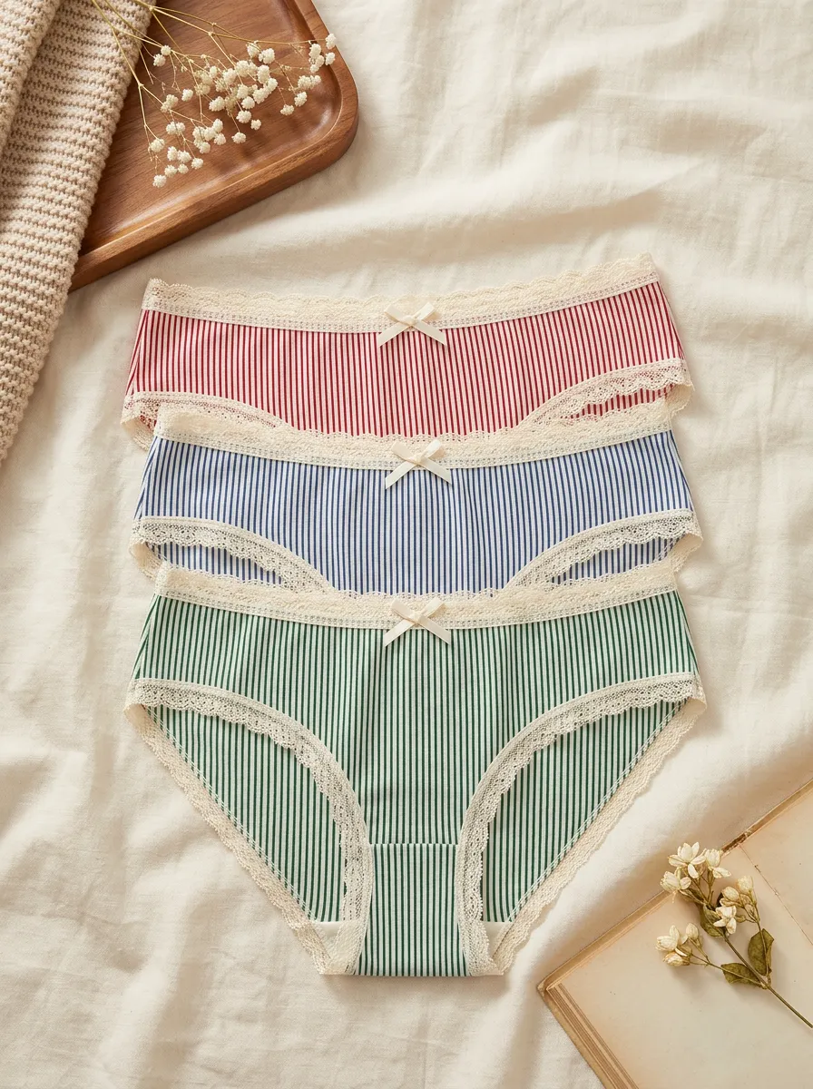 Women's Lace Trim Bow Detail Striped Printed 3-Piece Underwear Set